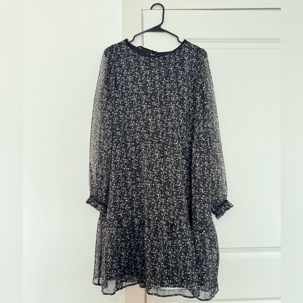 LOFT Black Floral Long Sleeve Mini Dress